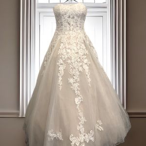 David's Bridal Lace & Tulle Ballgown Wedding Dress Ivory Color. Size 6